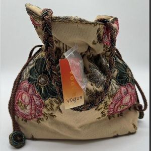 Floral Tapestry Braided Beaded Drawstring Bag Vintage Style NWT